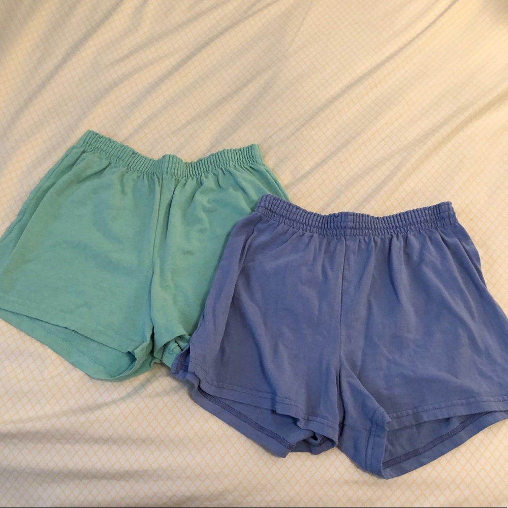 Soffe Shorts- 2 Pairs Size Small Green and purple